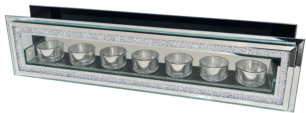 Mirrored Glass Votive Candle Holder with Silver Glitter Trim 7 Cups